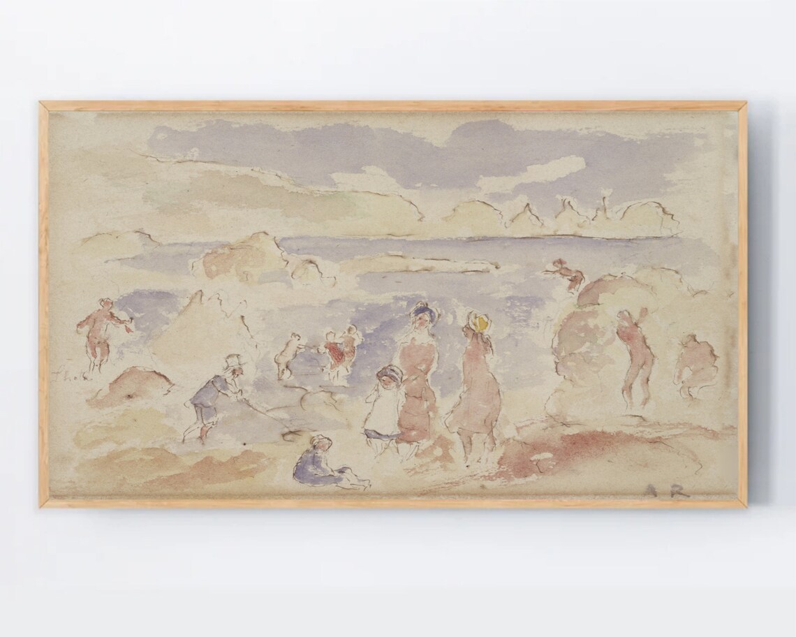 Impressionist Beach Scene Watercolor Figures Shore Renoir Style Art Poster