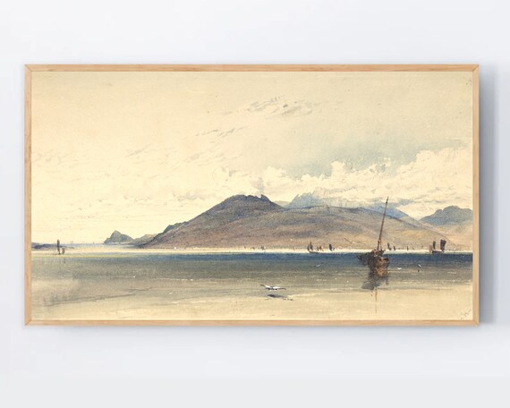 Vintage Watercolor Coastal Landscape With Mountains Boat Poster