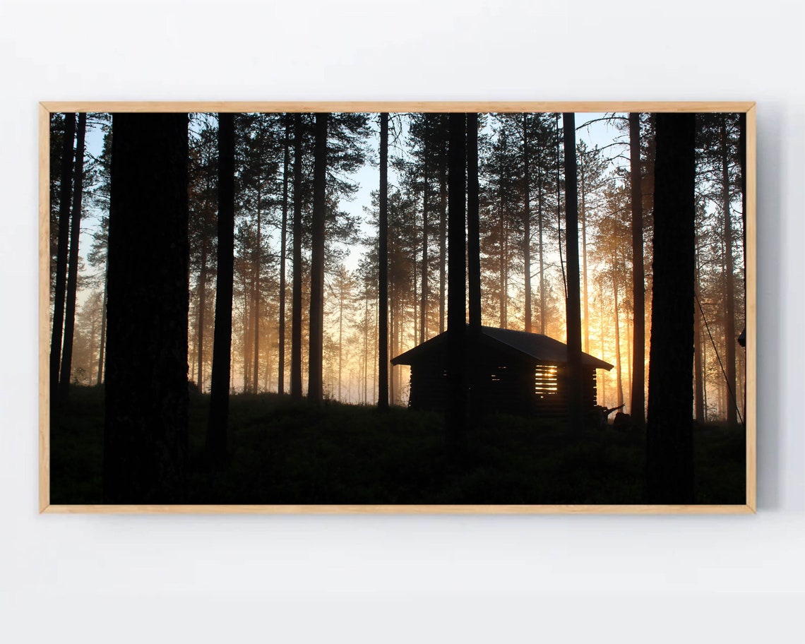 Rustic Log Cabin Sunset Poster With Misty Pine Forest Artwork