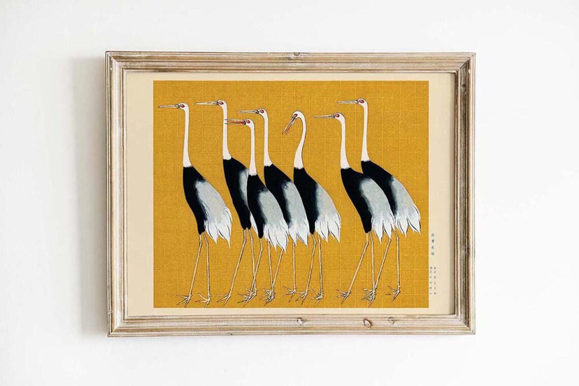Seven Japanese Cranes Gold Rinpa Style Vintage Bird Painting Art Print
