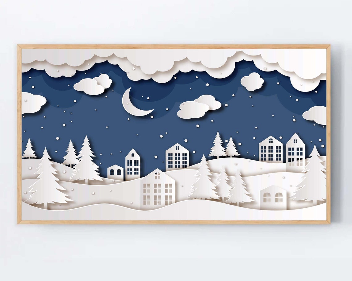 Paper Cut Winter Village Snow Night Moon Paper Art Holiday Poster