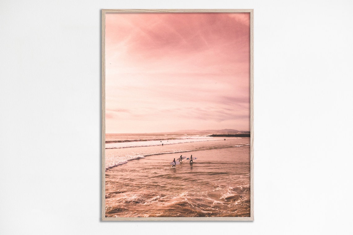Pink Sunset Surf Beach Photo Pastel Ocean Waves Travel Poster