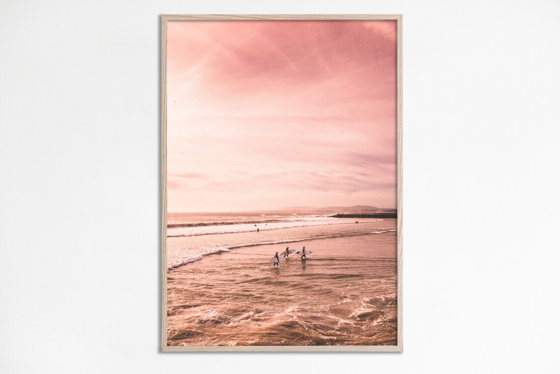 Pink Sunset Surf Print Beach Poster Blush Pastel Ocean Photography Surfing