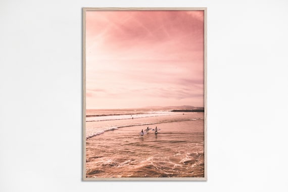 Pink Sunset Surf Beach Photo Pastel Ocean Waves Travel Poster