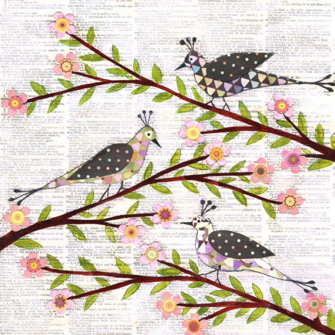 Three Mosaic Birds On Flowering Branch Vintage Book Page Art Poster