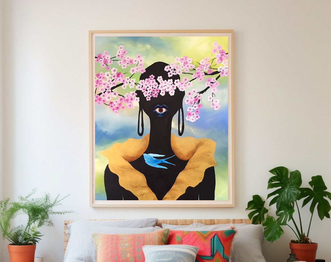 African Woman Cherry Blossom Bird Bold Floral Modern Art Print