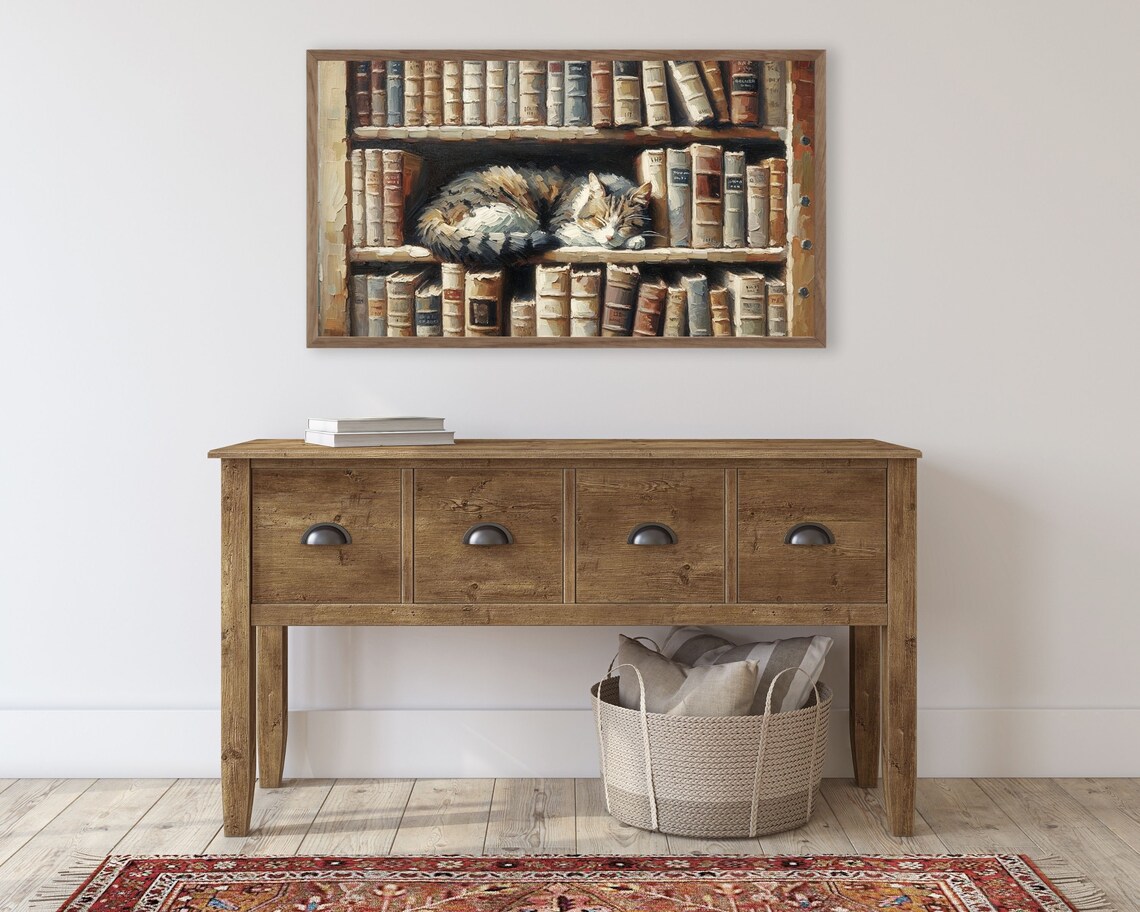 Bookish Cat Sleeping With Books, Vintage Art Print - Image 3