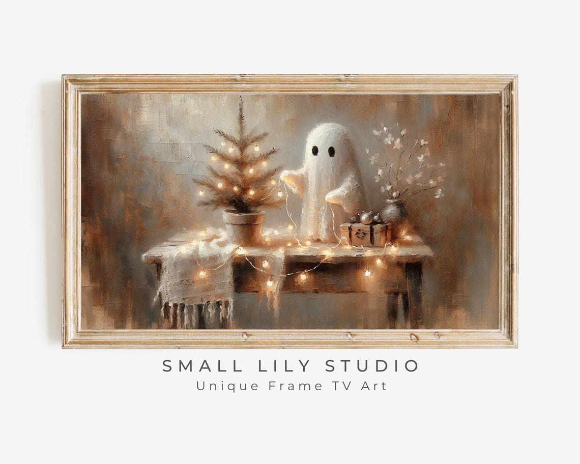 Cute Ghost Decorating Christmas Tree With Fairy Lights Cozy Poster