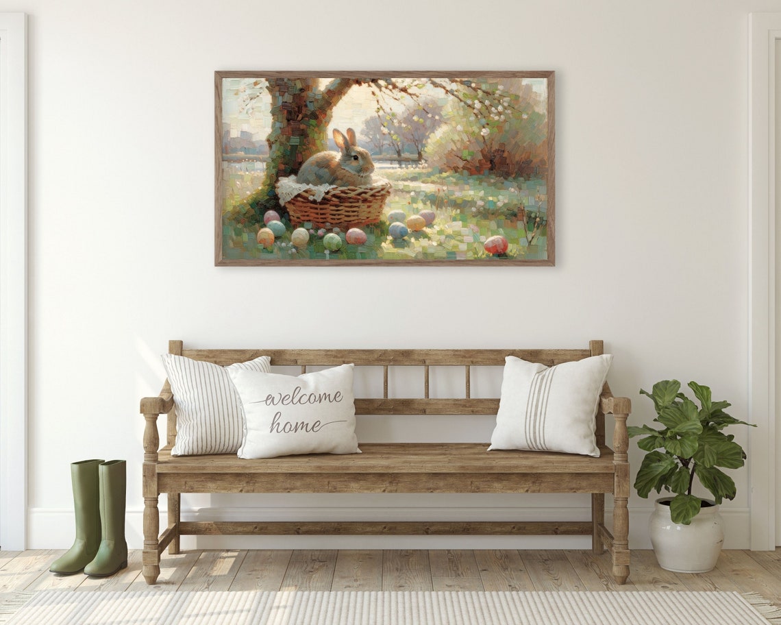 Spring Easter Frame Tv Art Bunny In Basket With Easter Eggs Cute Easter Rabbit Tv Art For Kids Frame Tv Art Vintage Style Tv263 - Image 2