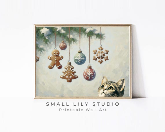 Cat And Christmas Ornaments Print Vintage Style Festive Animal Painting Wall Art Cute Kitten Picture For Kids P098
