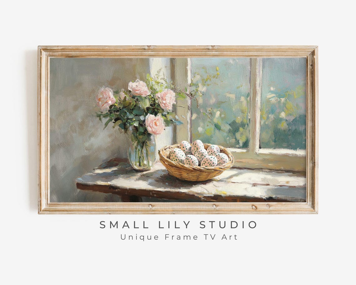 Pink Roses And Easter Eggs On Sunny Windowsill Painting Poster