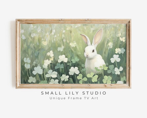 White Rabbit Among Clover Flowers Spring Vintage Animal Poster