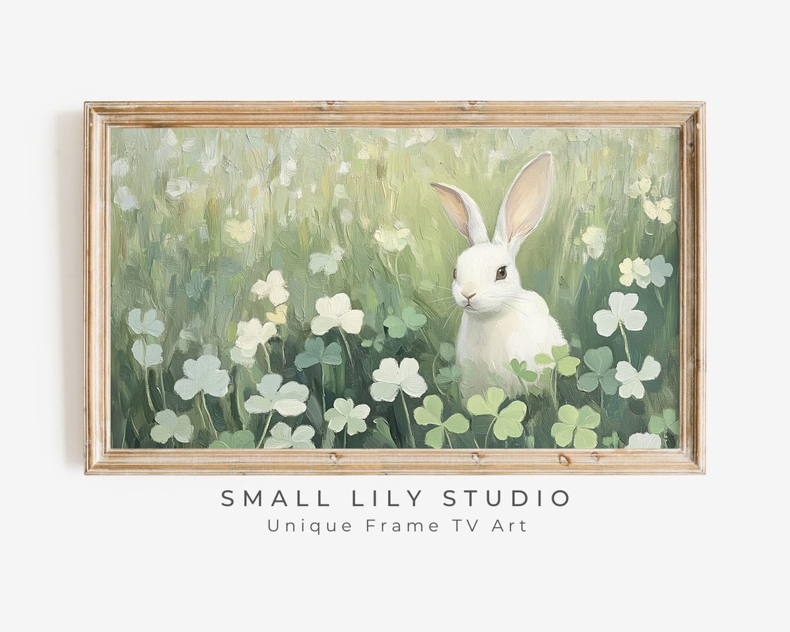 Spring Frame Tv Art Bunny In Clovers Easter Rabbit Frame Tv Art Cute St Patricks Day Picture Tv Screensaver Green Tv634