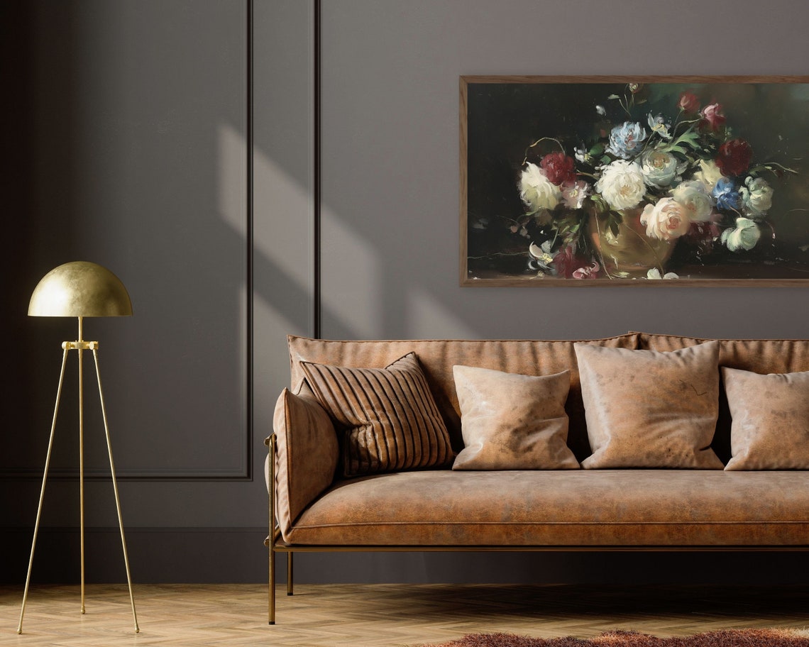 Moody Peonies and Roses Dark Floral Vintage Still Life Art Poster - Image 2