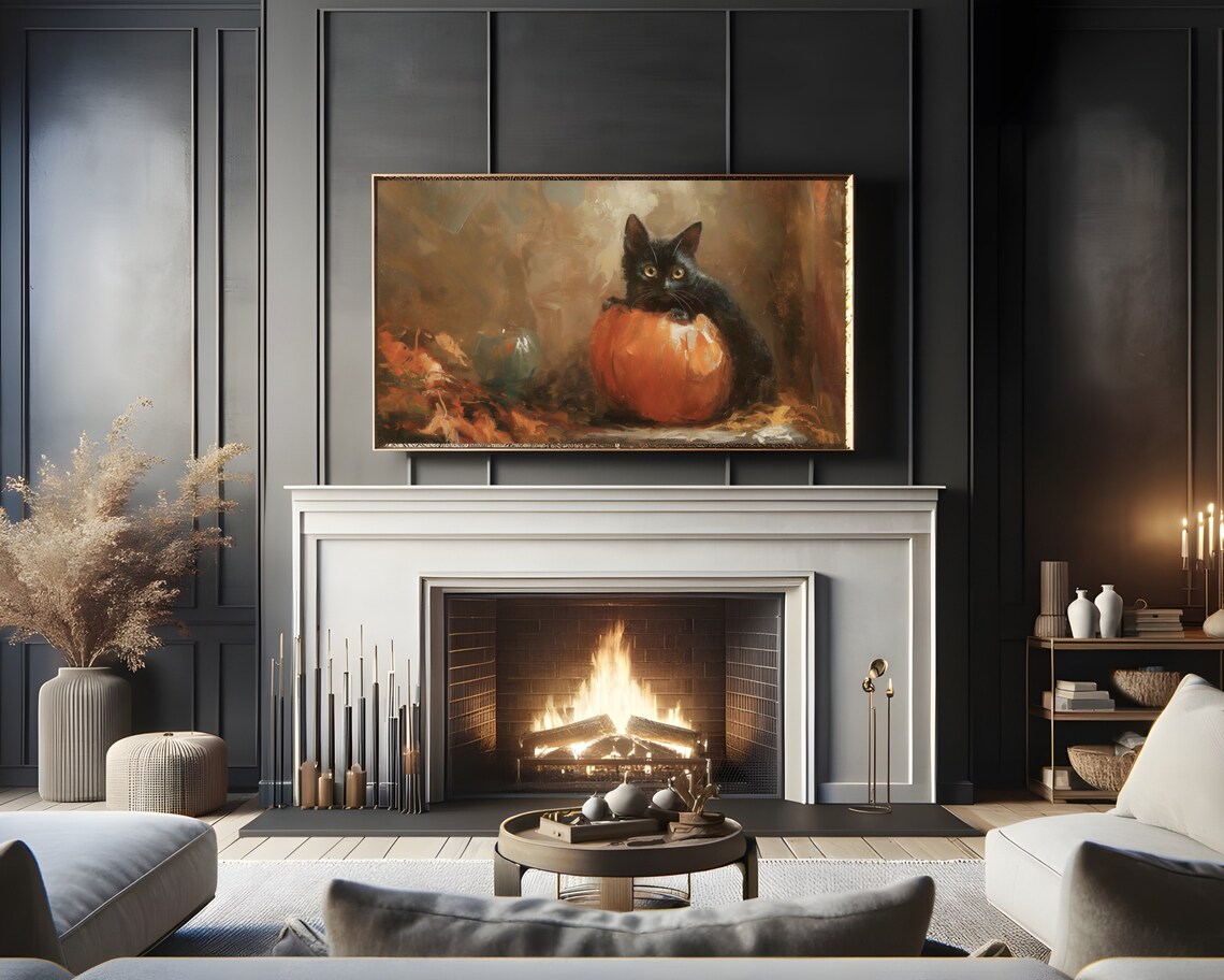 Black Cat Hugging Pumpkin Fall Vintage Halloween Painting Poster - Image 2