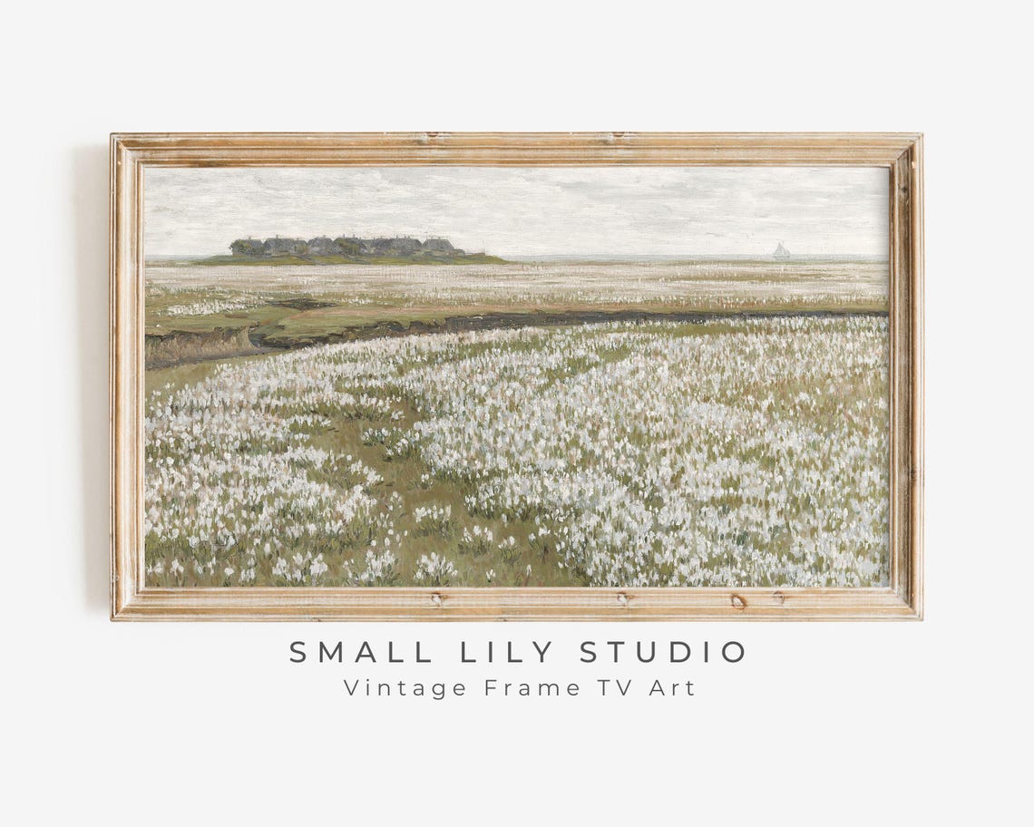 Frame Tv Art Spring Wildflower Field Field Of White Flowers Frame Tv Art Muted Sage Green Farmhouse Vintage Painting Tv013