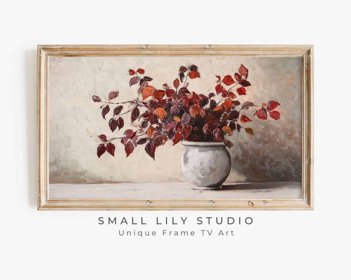 Burgundy Autumn Leaves In White Pot Still Life Vintage Painting Poster