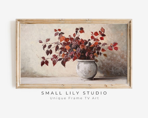 Burgundy Autumn Leaves In White Pot Still Life Vintage Painting Poster