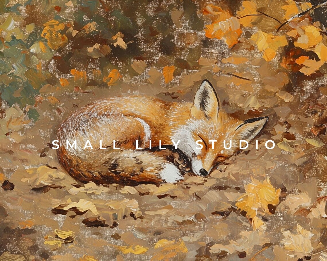 Fox Sleeping in Fall Leaves, Autumn Vintage Style Art Print - Image 4