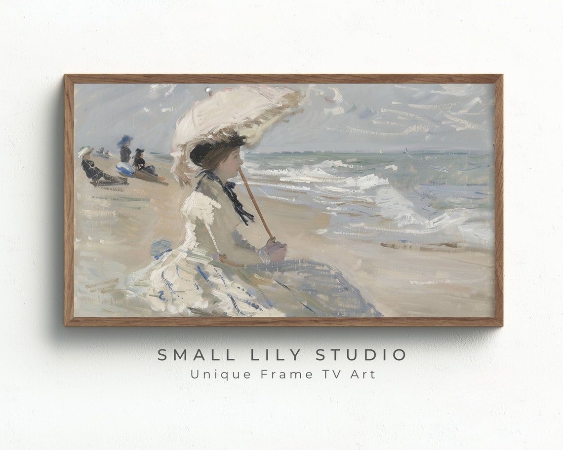 Woman With White Parasol On Beach Impressionist Seaside Scene Poster - Image 2