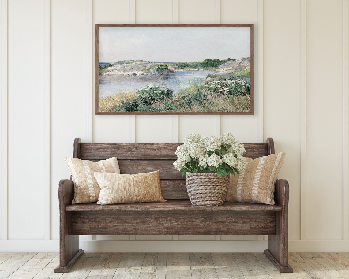 Wildflowers By Pond Vintage Impressionist Coastal Landscape Painting Poster - Image 2