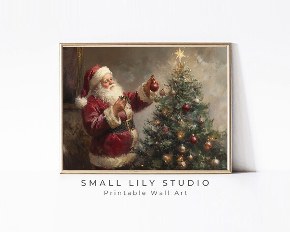 Santa Decorating Christmas Tree Print Moody Vintage Style Father Christmas Wall Art Santa Painting Burgundy Farmhouse P114