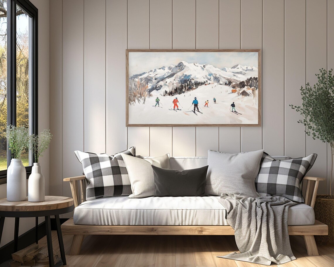 Skiers Racing Down Snowy Mountain Slope Vintage Winter Sports Scene Poster - Image 3