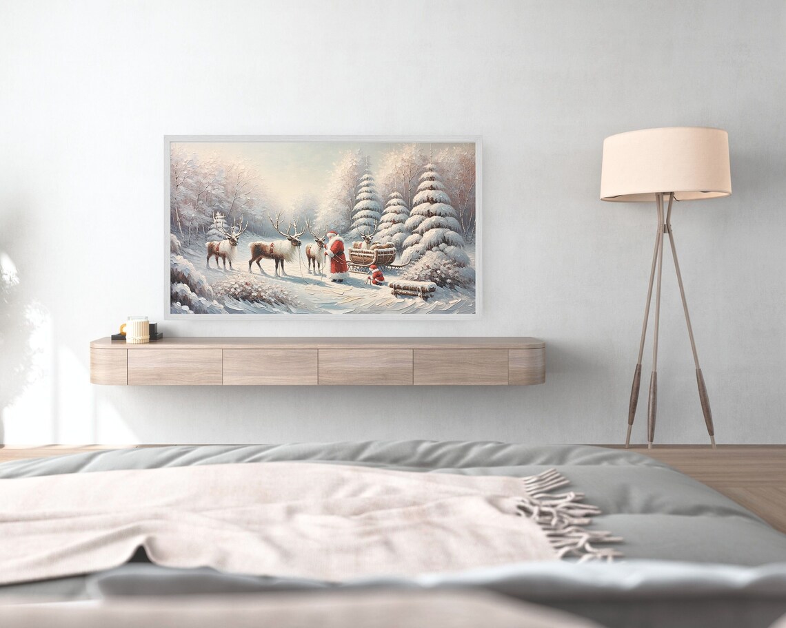 Santa And Reindeer Pink Christmas Art Print - Image 3