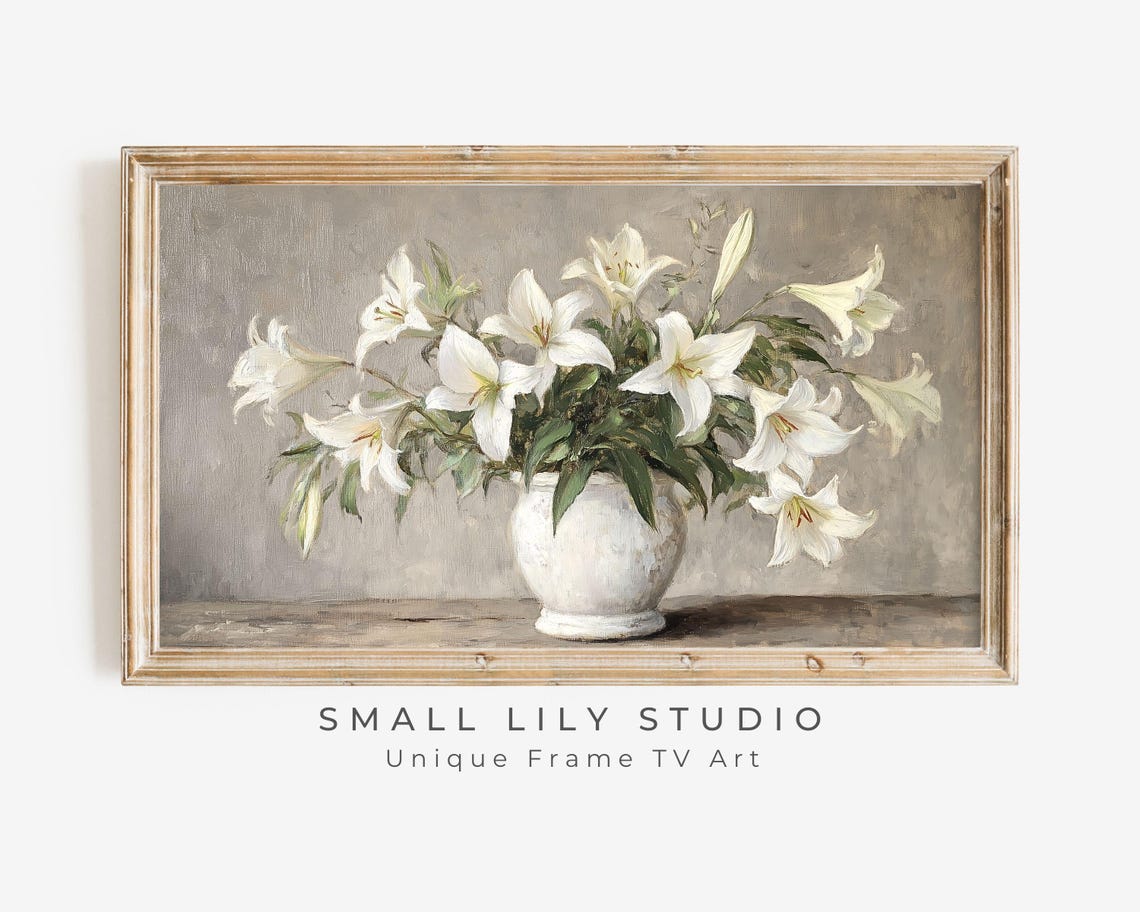 White Lilies in a White Vase Rustic Farmhouse Neutral Floral Wall Art