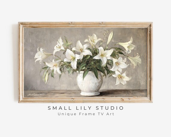 White Lilies in a White Vase Rustic Farmhouse Neutral Floral Wall Art