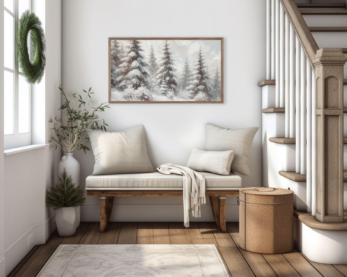 Snowy Pine Forest Trees Winter Landscape Textured Neutral Vintage Art Poster - Image 2