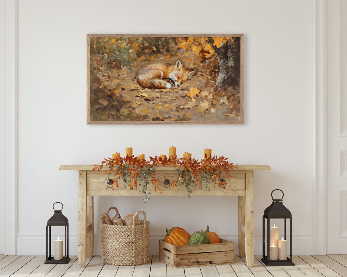 Fox Sleeping in Fall Leaves, Autumn Vintage Style Art Print - Image 3