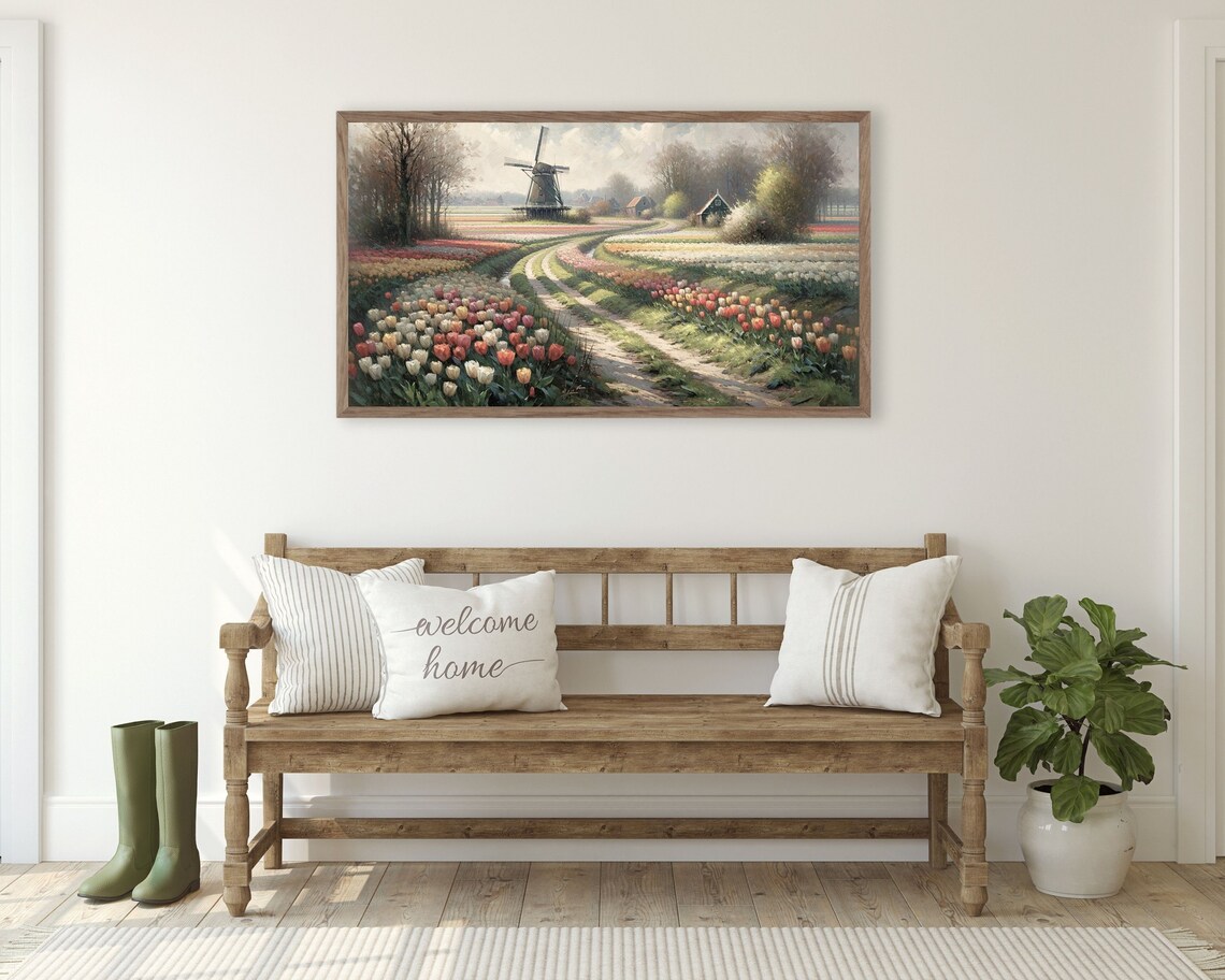 Dutch Windmill Winding Path Through Tulip Fields Spring Landscape Poster - Image 3