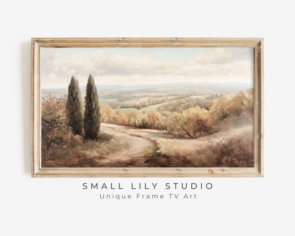 Cypress Trees Along Winding Path Through Golden Hills Painting Poster