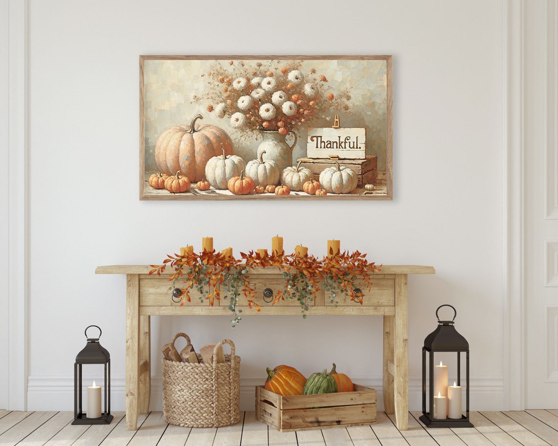 Thankful Sign With White Pumpkins And Flowers Thanksgiving Poster - Image 3