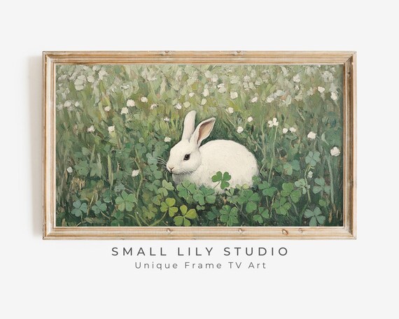 White Bunny Rabbit In Green Clover Field Vintage Spring Poster