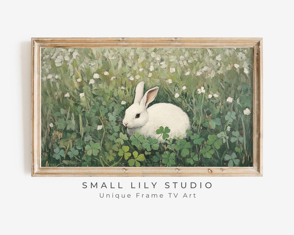 White Bunny Rabbit In Green Clover Field Vintage Spring Poster