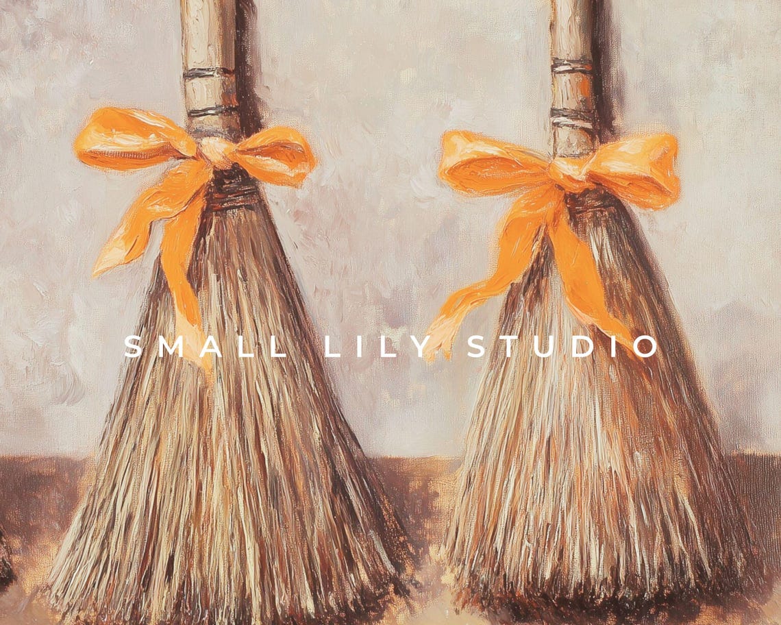 Witch Brooms Orange Bows Rustic Fall Halloween Painting Poster - Image 4