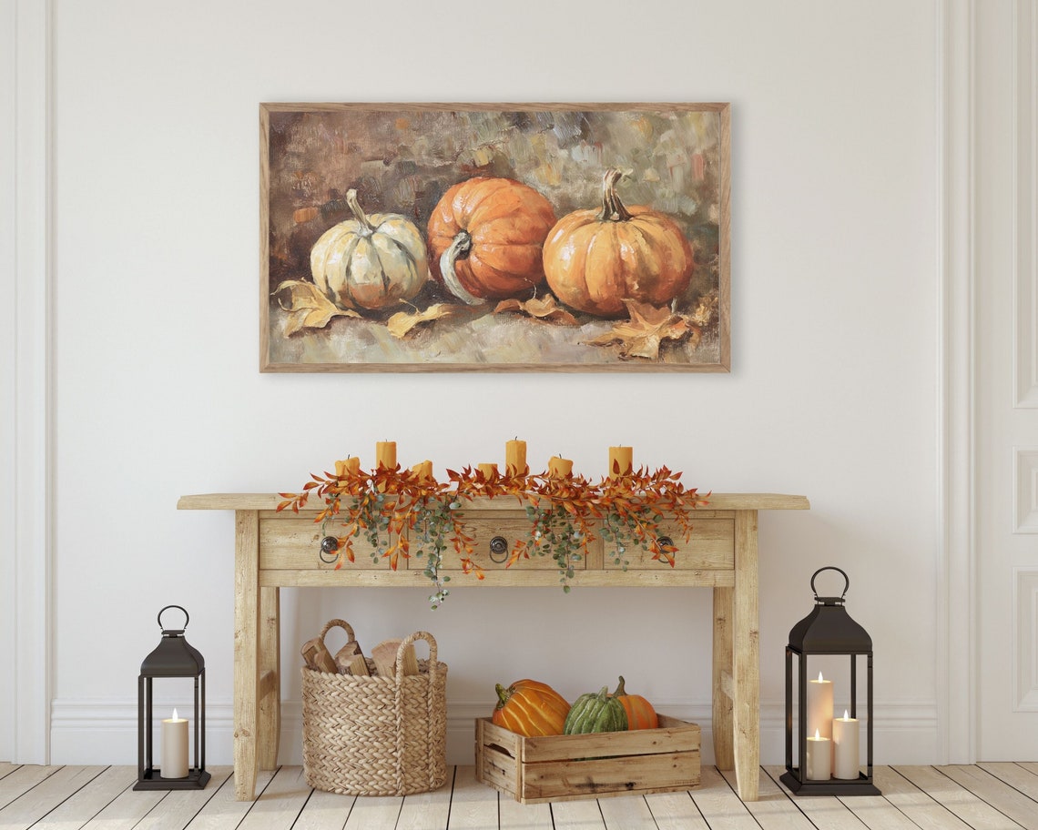 Rustic Pumpkins With Autumn Leaves Fall Harvest Oil Painting Poster - Image 3