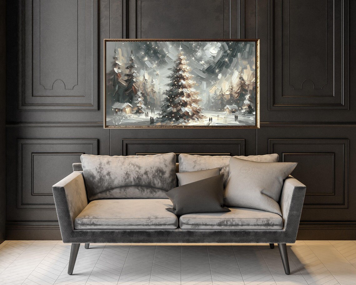 Snowy Village Forest Moonlit Night Winter Landscape Textured Art Poster - Image 3