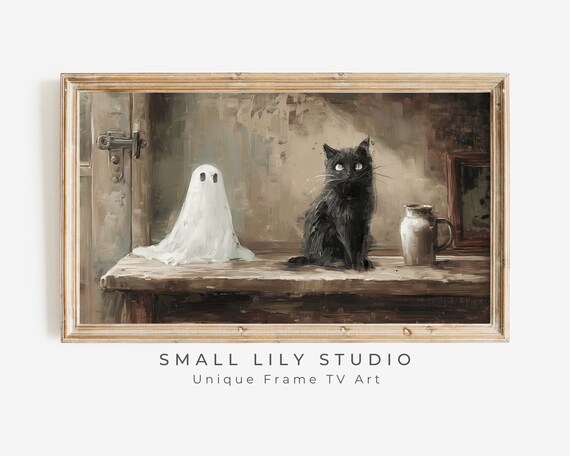 Ghost and Black Cat Rustic Farmhouse Table Vintage Halloween Painting Poster
