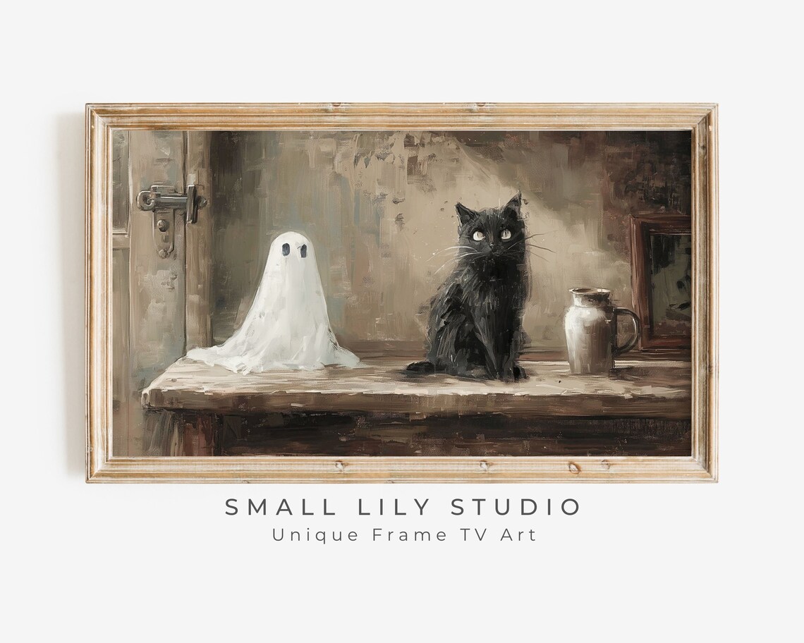 Ghost and Black Cat Rustic Farmhouse Table Vintage Halloween Painting Poster