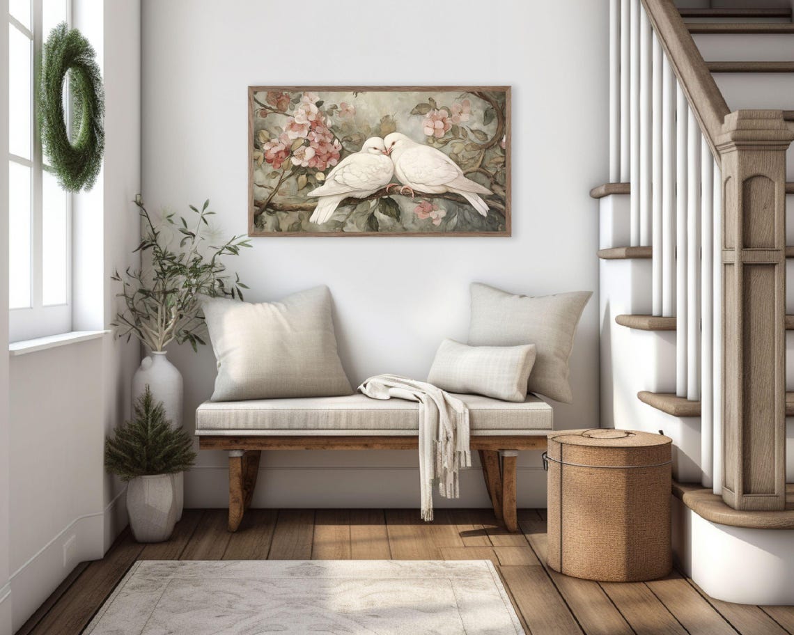 Two White Doves Nuzzling on Blossom Branch Romantic Floral Bird Poster - Image 3