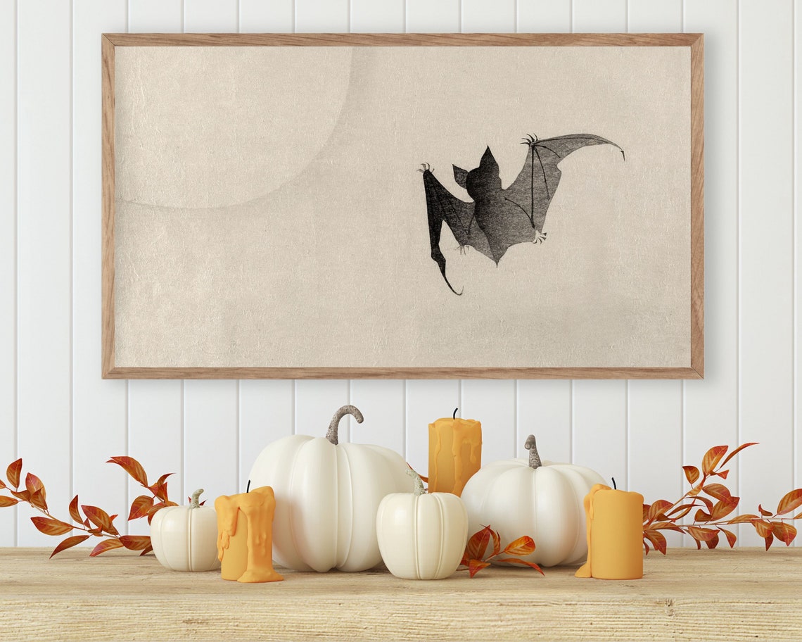 Antique Moon Black Bat Japanese Woodblock Minimalist Halloween Poster - Image 3