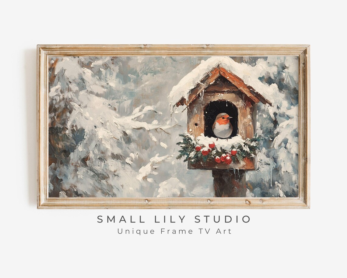 Robin in Snowy Birdhouse With Red Berries Winter Bird Vintage Poster