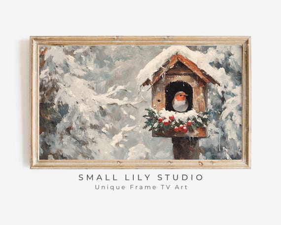 Frame Tv Art Bird In Christmas Birdhouse Neutral Winter Frame Tv Art Vintage Painting Style Cute Red Bird Picture For Kids Tv556