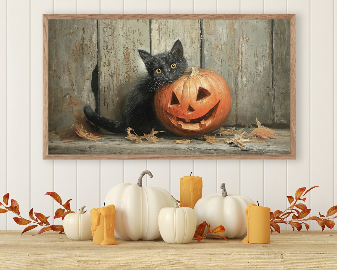 Black Kitten With Jack O Lantern Rustic Vintage Halloween Painting Poster - Image 3