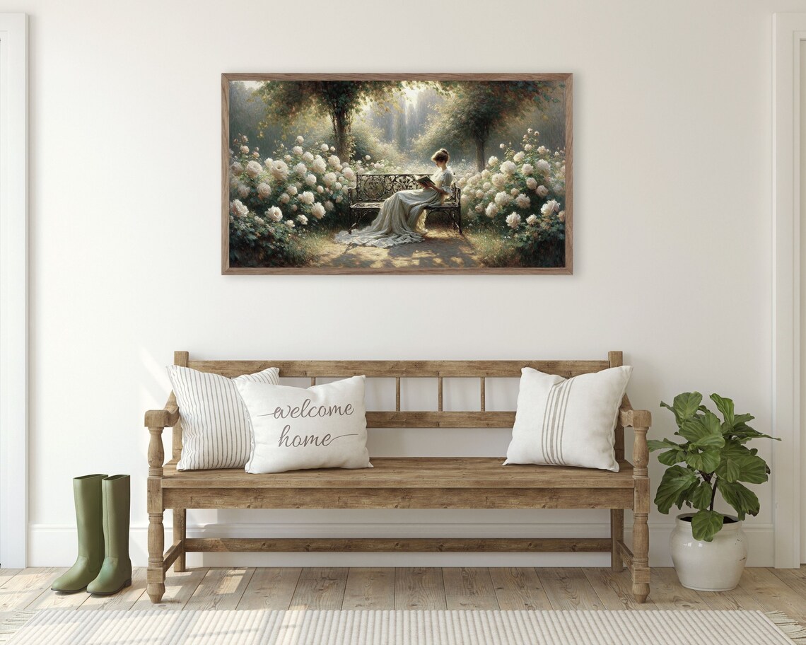 Woman Reading In White Rose Garden Bench Sunlit Romantic Scene Poster - Image 3