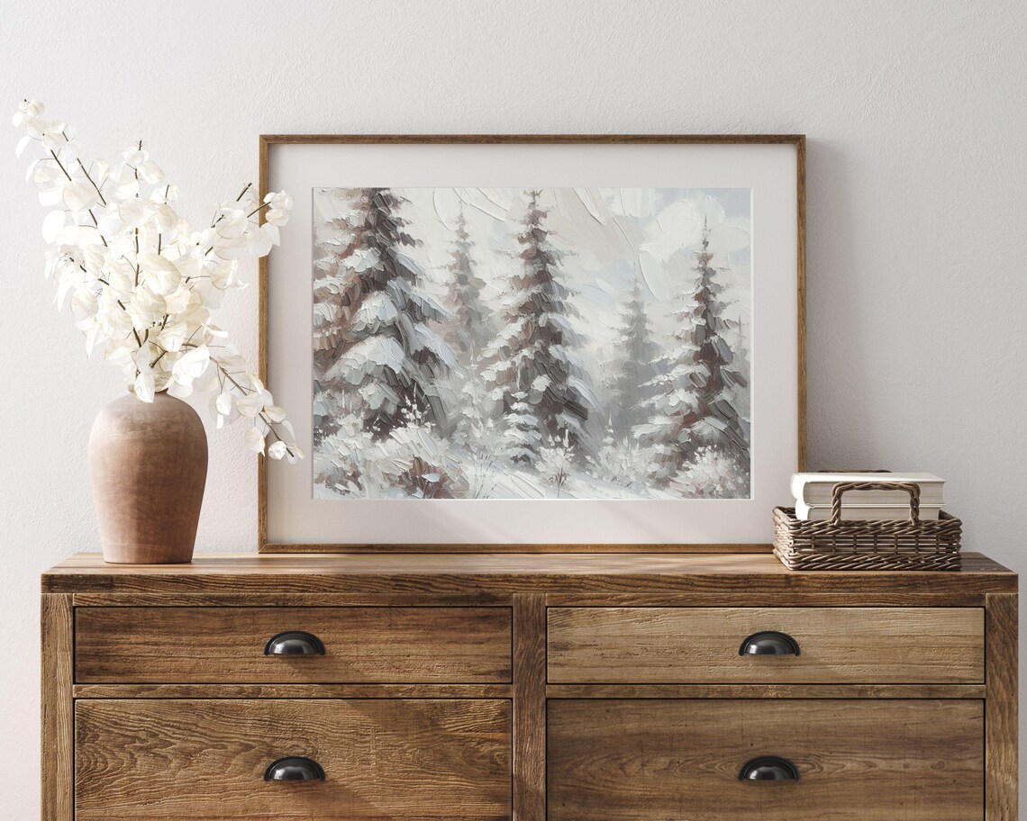 Snow Covered Pine Trees in Winter Forest Impasto Neutral Textured Print - Image 3