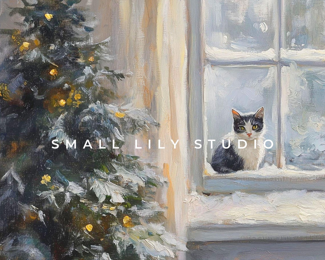 Cat Snowy Windowsill Christmas Tree Cute Vintage Winter Pet Art Poster - Image 4